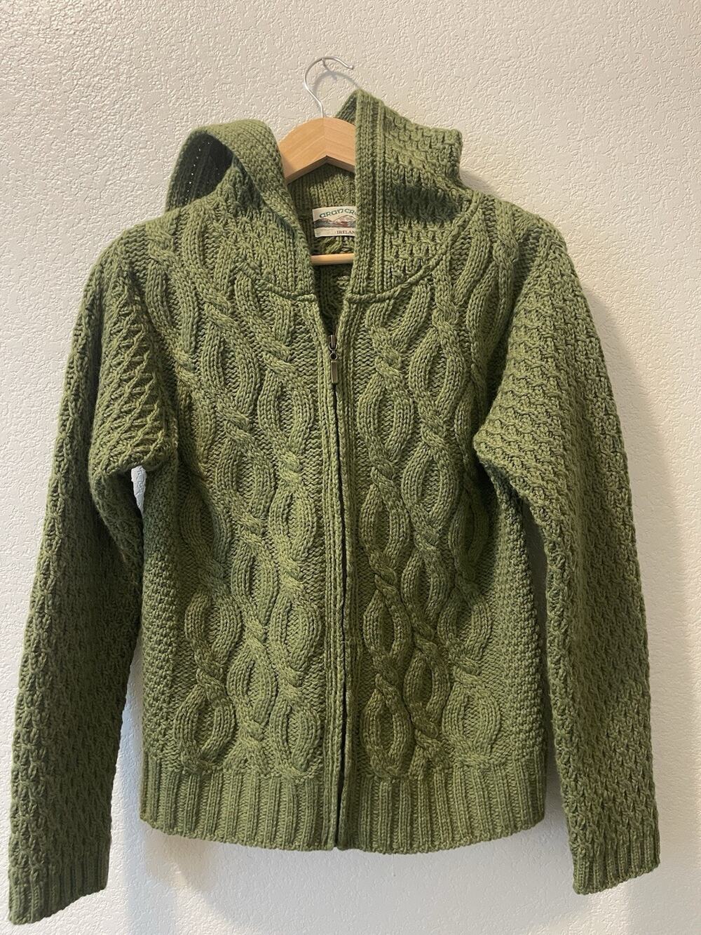 Aran Crafts Irish Cardigan Sweater Women's Green Merino Wool Zip Front Hooded S